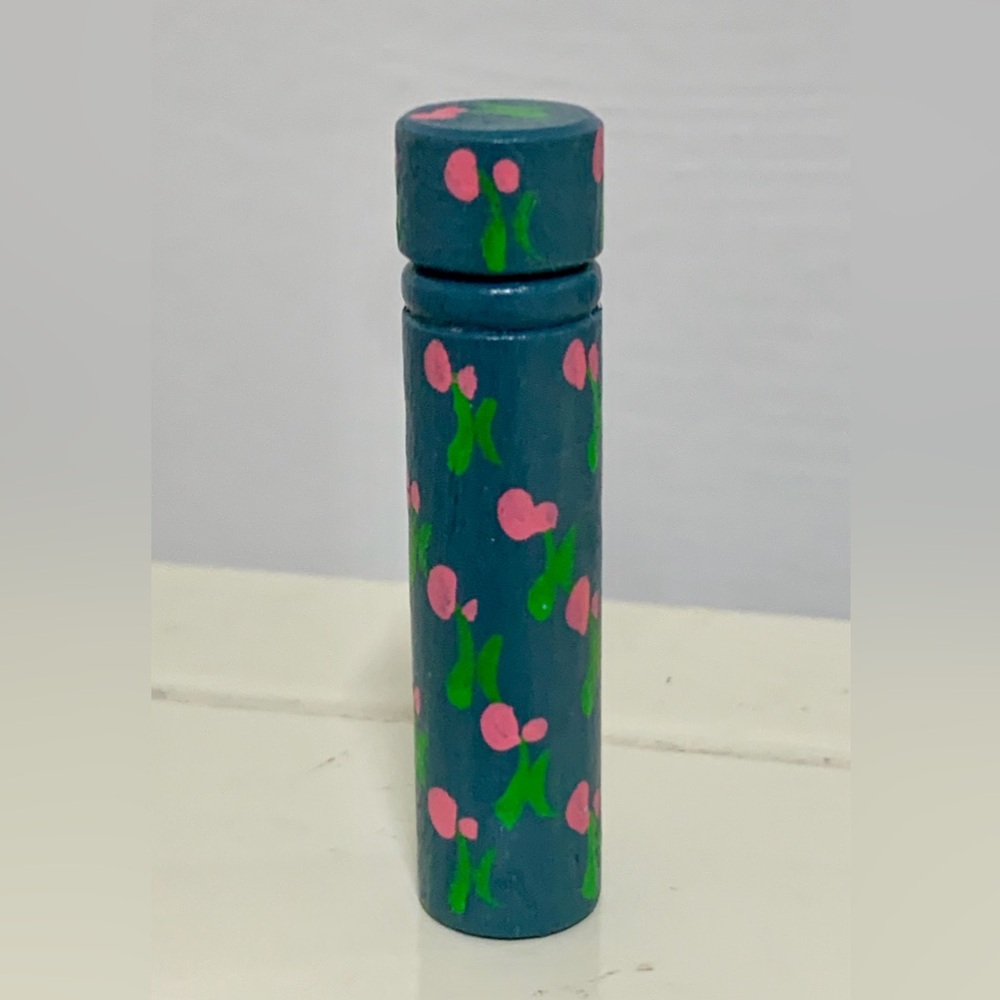 Vtg Floral Folk Art Hand Painted Wooden Lidded Needle Cannister Case